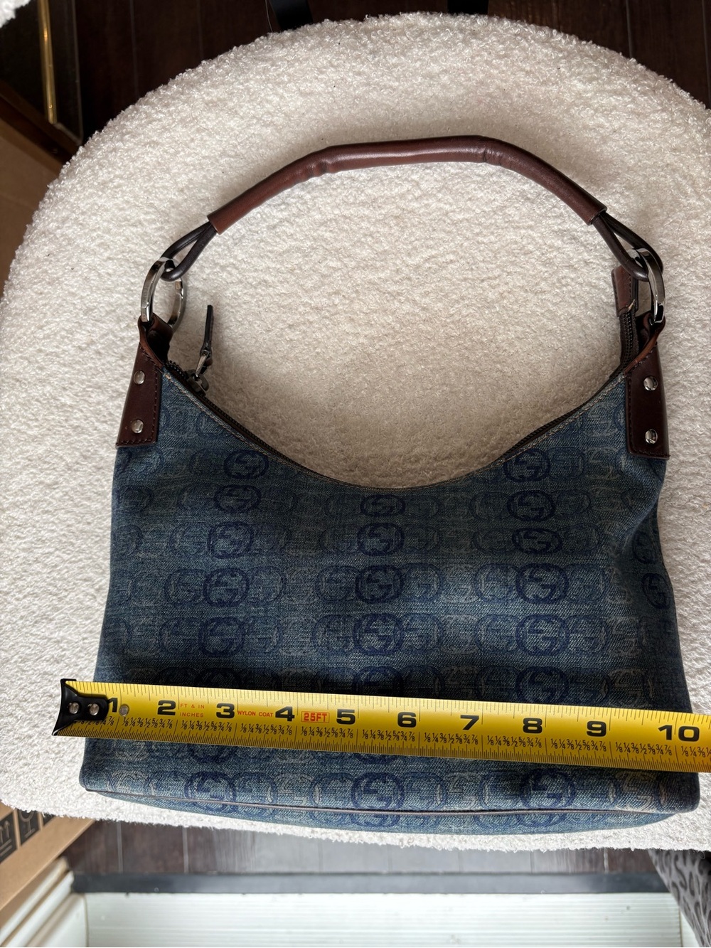 Gucci Blue Denim Monogram Shoulder Bag with Brown Leather Trim - Picture 10 of 12